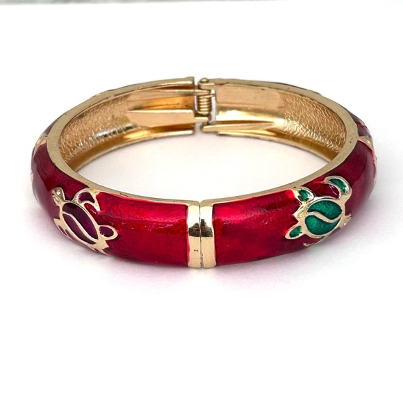 Hawaiian Enamel Turtle Honu Style Bangle Clamper Bracelet Red Green Cream Gold - Picture 6 of 7